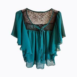 Sheer Flowy Teal Top Black Lace Butterfly Sleeve Scoop Neck Y2K Whimsigoth Sz S